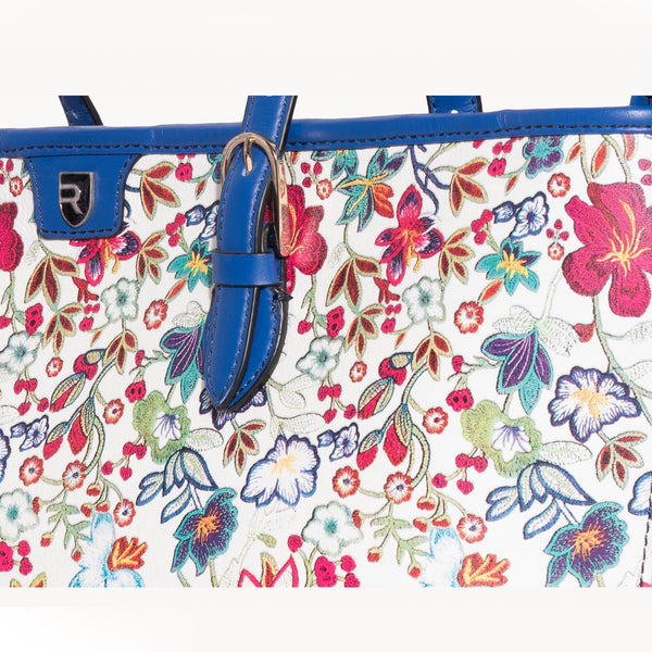Tote Bag FLWR- Multi Handbag - Vibrant Floral Print, Blue Straps | Revup Studio